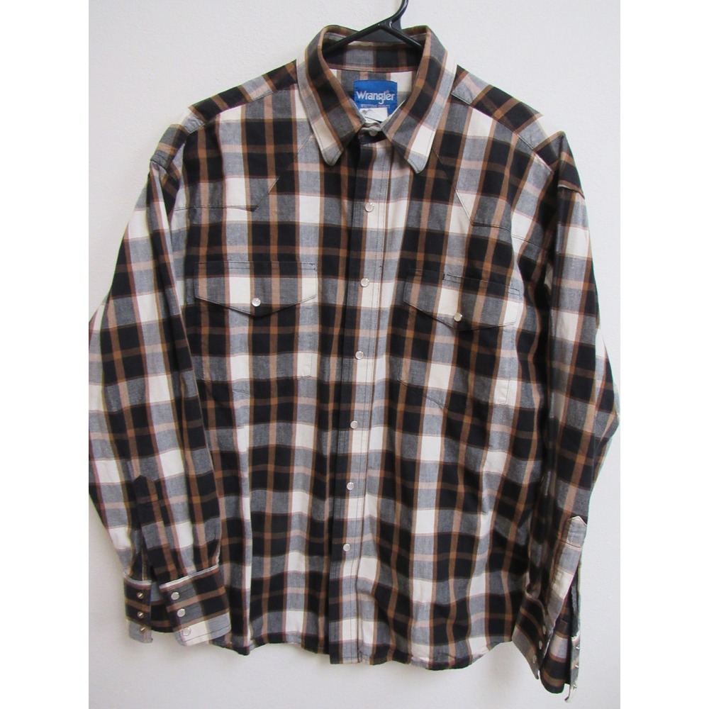Wrangler Mens Western Shirt Large Plaid Pearl Snap Long Sleeve Black Brown
